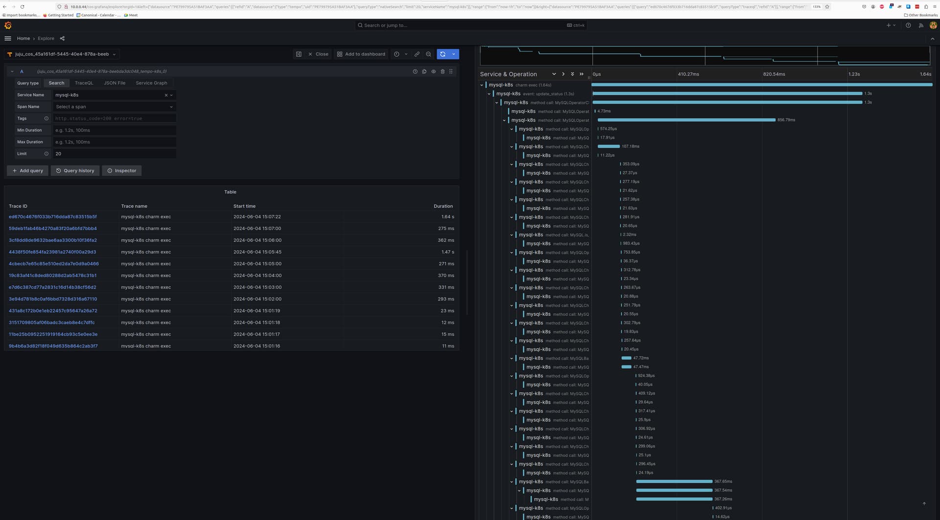 MySQL K8s trace with Grafana Tempo